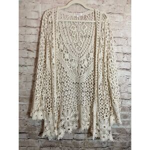 Rebellion Crochet Top Large Ivory Cream Long Line Oen Front Feminine Romantic